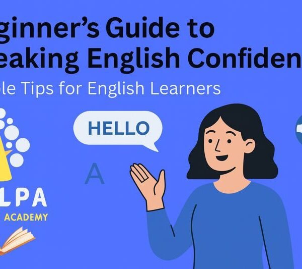 Beginner’s guide to speaking English confidently with illustrated student and Kalpa English Academy logo