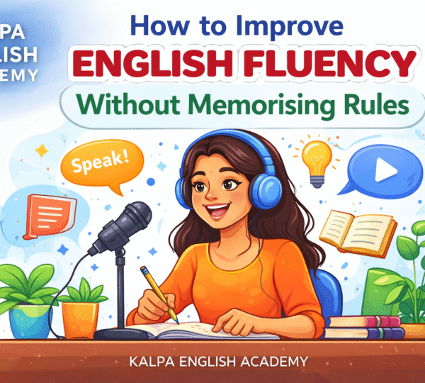 Kalpa English Academy illustration showing a student improving English fluency without memorising grammar rules