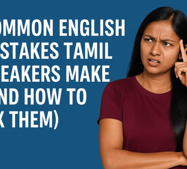 Confused Tamil learner thinking about English grammar mistakes, featured image for a blog on English errors and corrections.