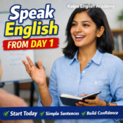 Confident Indian woman speaking English in a classroom with text “Speak English from Day 1” and Kalpa English Academy branding.