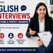 Professional featured image for “English for Interviews – Top Questions & Perfect Answers” showing a confident woman attending a job interview with interview preparation tips and communication skills guidance by Kalpa English Academy.