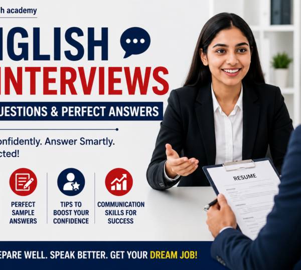 Professional featured image for “English for Interviews – Top Questions & Perfect Answers” showing a confident woman attending a job interview with interview preparation tips and communication skills guidance by Kalpa English Academy.